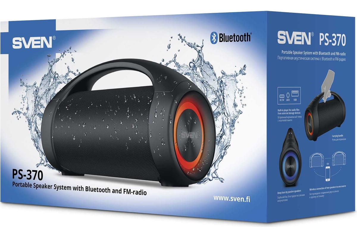 Портативная колонка SVEN АС PS-370 черная, 40 Вт, Waterproof (IPx5), TWS,  Bluetooth, FM, USB, microSD, 3600 мА*ч SV-020408 - выгодная цена, отзывы,  характеристики, фото - купить в Москве и РФ