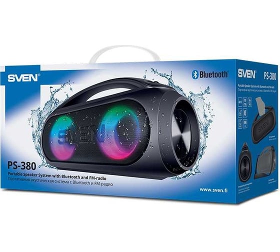 Портативная колонка SVEN АС PS-380 черная, 40 Вт, Waterproof (IPx5), TWS, Bluetooth, FM, USB, 3000 мА*ч SV-021290