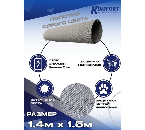 Москитная сетка антикошка KOMFORT москитные системы petscreen серая, полотно 1.4х1.5 м МС000795