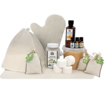 Подарочный набор для бани и сауны Бацькина баня 13 предметов мед 1,4 кг, запарки 3 шт, эфирное масло 3 шт, ароматизатор, наборы соляных брикетов, соль-скраб, шапка, рукавица, коврик 26589-наб-ВИ-white