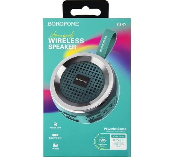 Колонка Borofone Bluetooth br2 aurora sports bt 5.0, 3w, microsd/usb/fm зеленая 0L-00044382