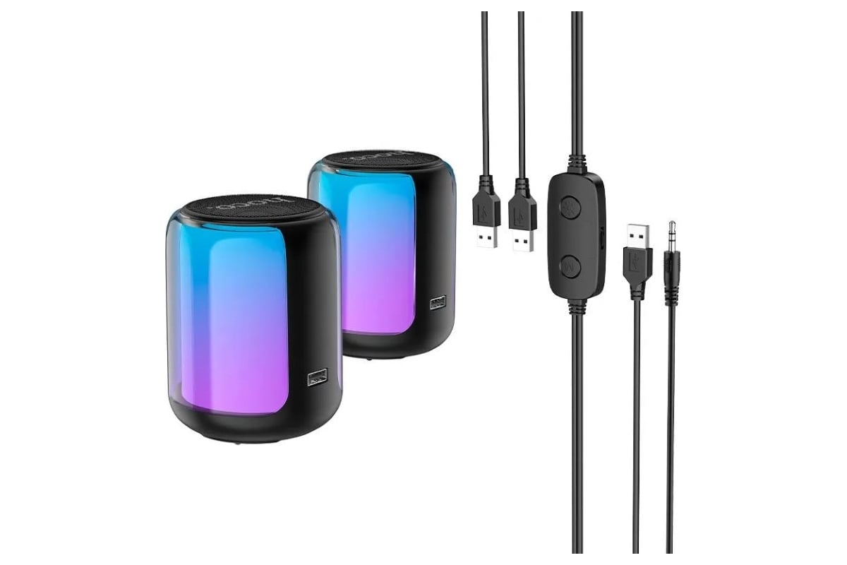 Колонка Hoco Bluetooth bs56 colorful bt5.2, 2x5w, aux/usb, rgb, громкость  +/- черный 0L-00057082 - выгодная цена, отзывы, характеристики, фото -  купить в Москве и РФ