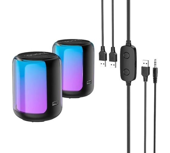 Колонка Hoco Bluetooth bs56 colorful bt5.2, 2x5w, aux/usb, rgb, громкость +/- черный 0L-00057082