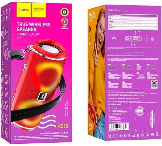 Колонка Hoco Bluetooth hc12 sports bt5.0, 2x5w, aux/fm/microsd/microusb/usb, rgb, громкость +/- кра 0L-00057095