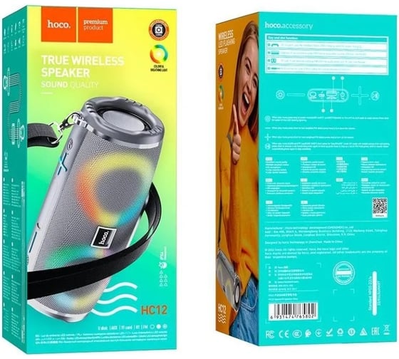 Колонка Hoco Bluetooth hc12 sports bt5.0, 2x5w, aux/fm/microsd/microusb/usb, rgb, громкость +/- сер 0L-00057096