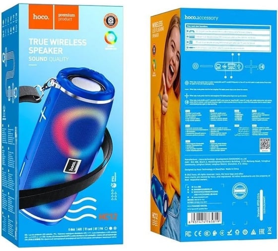 Колонка Hoco Bluetooth hc12 sports bt5.0, 2x5w, aux/fm/microsd/microusb/usb, rgb, громкость +/- син 0L-00057097