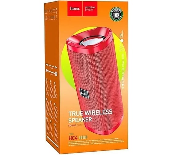 Колонка Hoco Bluetooth hc4 bella bt5.0, 2x5w, aux/tws/fm/microsd/usb, ipx5 красный 0L-00050213