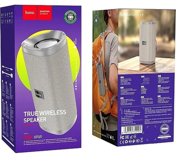 Колонка Hoco Bluetooth hc4 bella bt5.0, 2x5w, aux/tws/fm/microsd/usb, ipx5 серый 0L-00050215