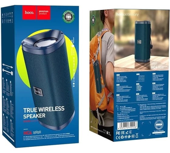 Колонка Hoco Bluetooth hc4 bella bt5.0, 2x5w, aux/tws/fm/microsd/usb, ipx5 темно-синий 0L-00050217