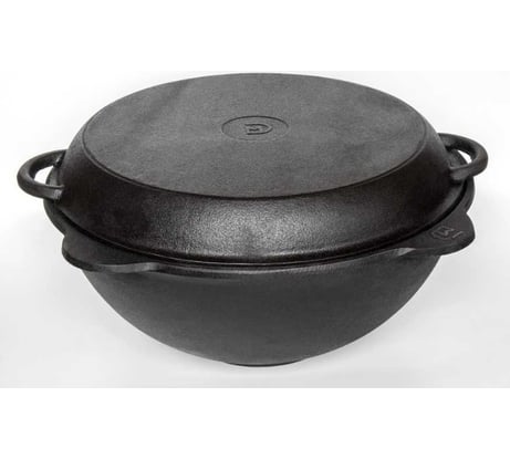 Чугунный казан Davr Metall 12 л круглое дно с крышкой сковородкой казан12(круг)+крыш(сков)12л