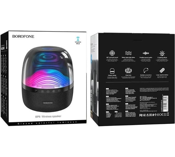 Bluetooth-колонка Borofone bp8 glazed bt 5.0, 2x5 Вт, aux/microsd/led, черный 0L-00057171
