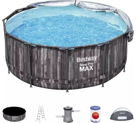 Каркасный бассейн Bestway Steel Pro Max 366x122см, 10250л, с навесом, с фильтрационным насосом 2006л/ч, лестница, тент 5619K BW