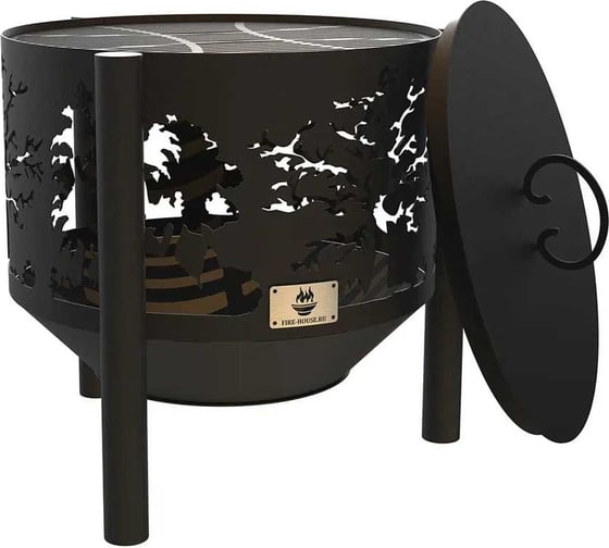 Комплект: костровая чаша деревья FIRE-HOUSE диаметр 60 см на трубчатых ножках с решеткой гриль и крышкой пламегасителем Ch11-600деревья 1