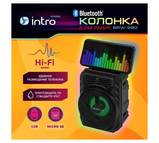 Портативная колонка Intro BRW290 bluetooth беспроводная акустическая черная Б0057182