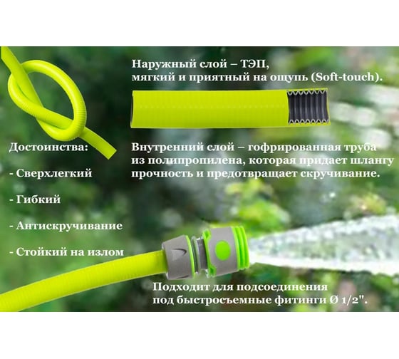 Поливочный гофрированный шланг TUBOFLEX Soft-Touch 13 мм, 15 м МГST15зеленый 4620759669561