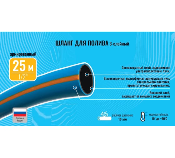 Трехслойный шланг Землеройка Аква 12.5 мм, 1/2", 25м 12-325