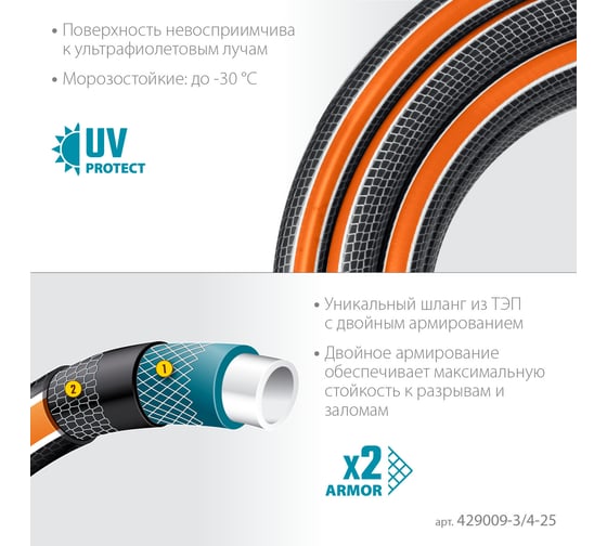 Поливочный шестислойный шланг Grinda Proline ultra 6 3/4", 25 м, 25 атм, двойное армирование 429009-3/4-25