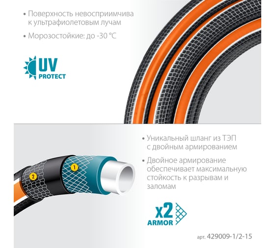 Поливочный шестислойный шланг Grinda Proline ultra 6 1/2", 15 м, 30 атм, двойное армирование 429009-1/2-15