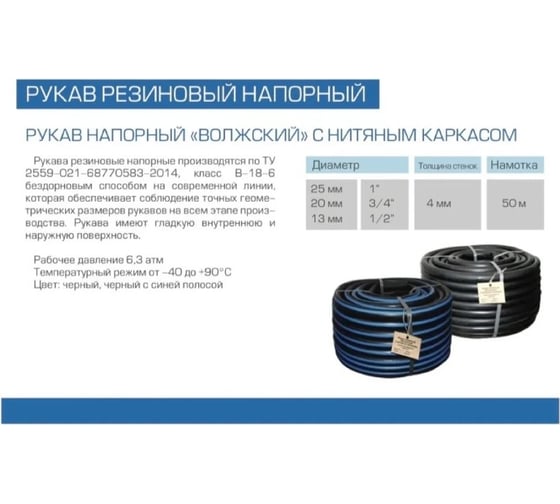 Поливочный шланг ООО "Аквапласт" Гидроагрегат кордовый рукав резиновый диаметр 25 мм 50 м ВОЛЖСКИЙ эконом Р1-00001436