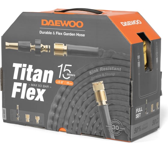 Шланг DAEWOO Titanflex 15 м, 5/8 дюймов, 15 мм, с комплектом для полива DWH 9122