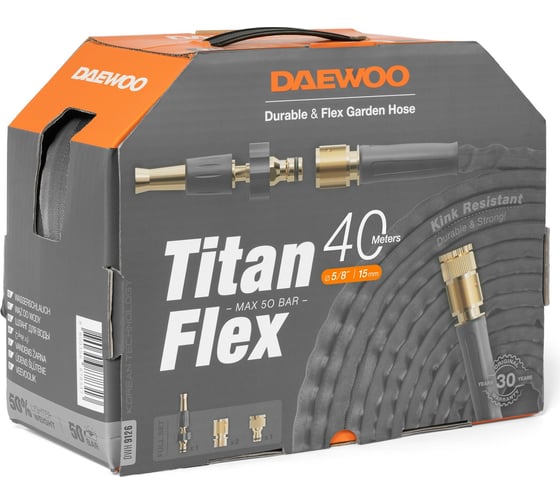 Шланг DAEWOO titanflex 40 м, 5/8 дюймов, 15 мм, с комплектом для полива DWH 9126
