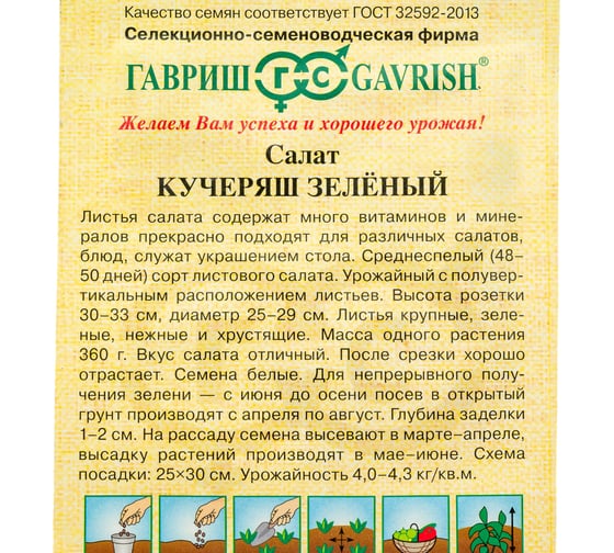 Семена ГАВРИШ Салат Кучеряш зеленый 0.5 г, авторские 10711564