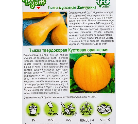Тыква ГАВРИШ Жемчужина, мускатная 1.0 г+Кустовая оранжевая 1.0 г Дуэт 1026999194