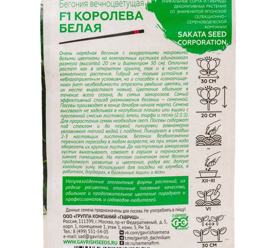 Семена ГАВРИШ Бегония Королева белая вечноцветущая, 4 шт., пробирка, серия Саката 1026996056