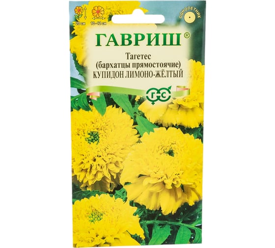 Семена ГАВРИШ Бархатцы прямостоячие Купидон, лимонно-желтый (20 см), Тагетес, 0,05 г 4601445 1