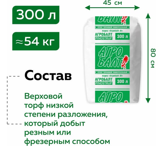 Торфяной грунт для рассады Агробалт кислый для рассады 300 л В300