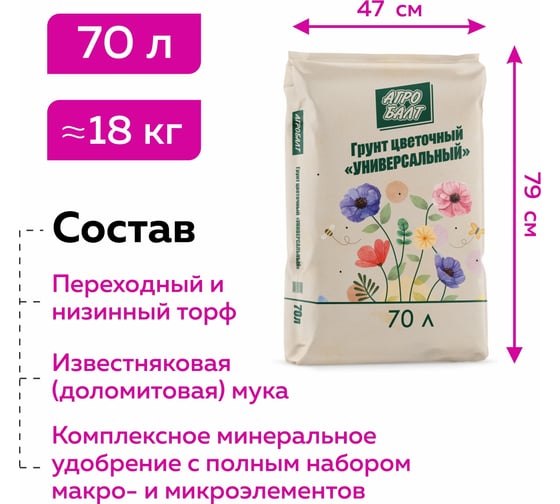 Грунт Агробалт цветочный универсальный для рассады 70 л 119299709 GR001FL0070