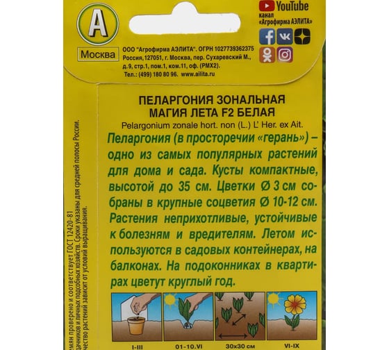 Пеларгония АЭЛИТА Магия лета F2 белая Одн 5шт 00-00574208