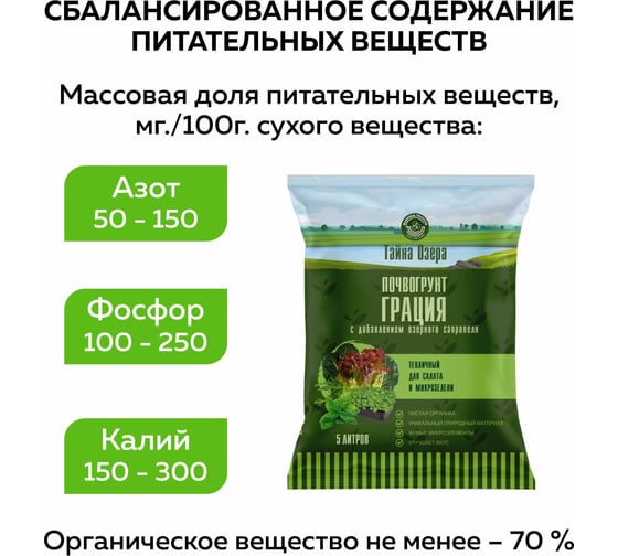 Тайна озера "Грация" для салата и микрозелени 5л Фабрика Торфа ТО-салат-5л