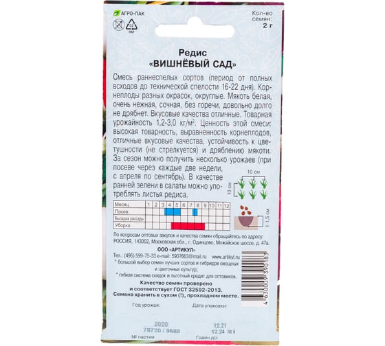Семена АРТИКУЛ Редис Вишневый сад 2 г, смесь раннеспелых сортов 4630009390183