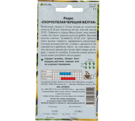 Семена АРТИКУЛ Редис Скороспелая черешня желтая 1 г 4630009392552