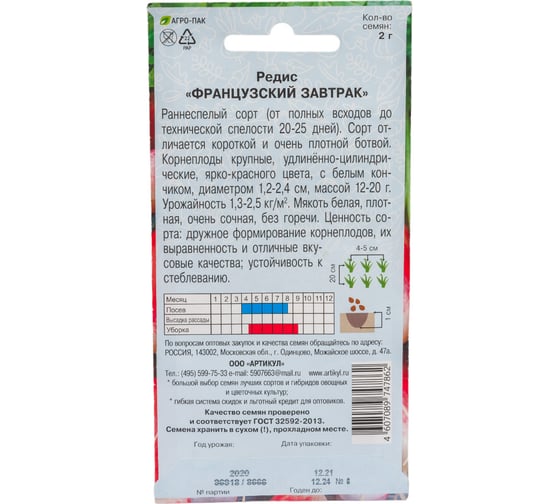 Семена АРТИКУЛ Редис Французский завтрак 2 г, раннеспелый 4607089747862