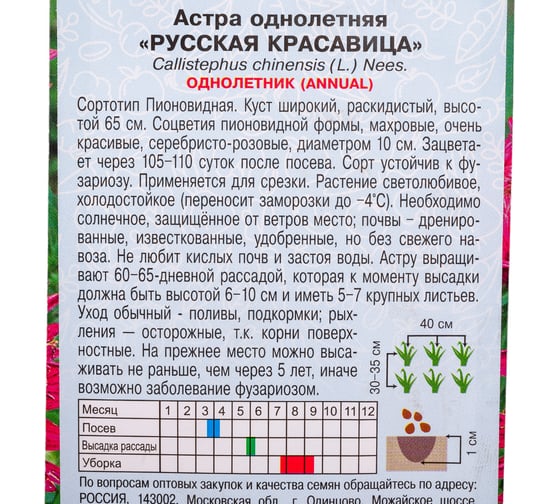 Астра АРТИКУЛ Русская красавица 0.2 г, однолетняя, пионовидная, h=55-65 см, d=10-11 см 4630009397182