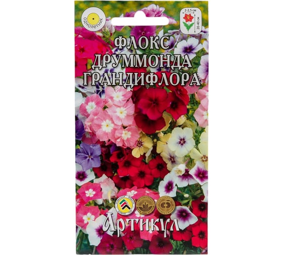 Семена АРТИКУЛ Флокс Друммонда Грандифлора 0,1 г, однолетний, евро, Длительноцветущий, смесь, h=35 см, d=2-2.5 см 4607089747138 1