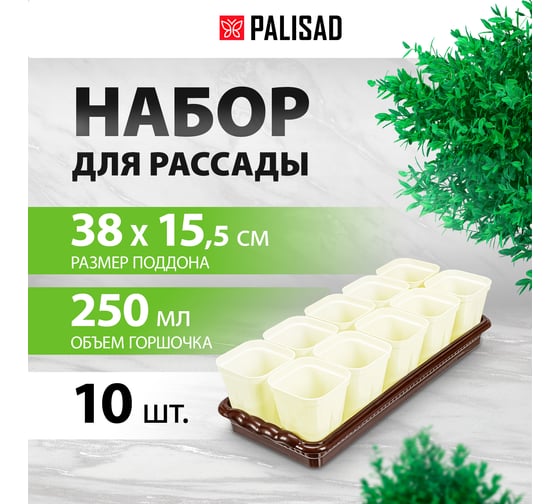 Набор для рассады PALISAD, поддон 380x155x40 мм, 10 горшочков по 250 мл с выдвижным дном 643449