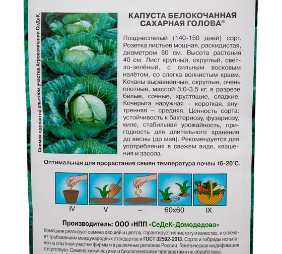 Капуста СеДек Сахарная Голова ХИТ белокочанная, позднеспелая, округлая, 3-3.5 кг, евро, 0.5 г 15893