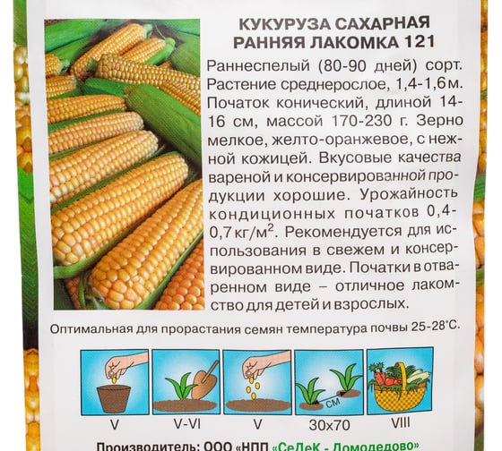 Кукуруза СеДек Ранняя Лакомка 121 сахарная, раннеспелая, початок конический, 14-16 см, желто-оранжевая, 170-230 г, евро, 4 г 14398