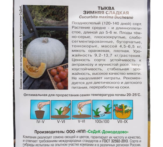 Тыква СеДек Зимняя Сладкая позднеспелая, крупноплодная, округло-овальная, темно-серая/оранжевая, 4.5-6.5 кг, евро, 2 г 15220