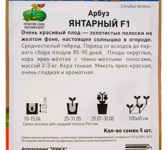 Арбуз Агрохолдинг ПОИСК Янтарный F1 (А) 5шт 795117
