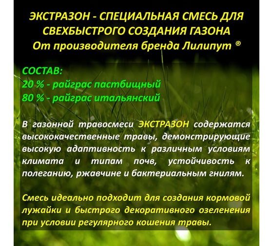 Семена газонных трав Зеленый ковер Экстразон, Газон за неделю 10 кг, для скоростного озеленения 4607160333786