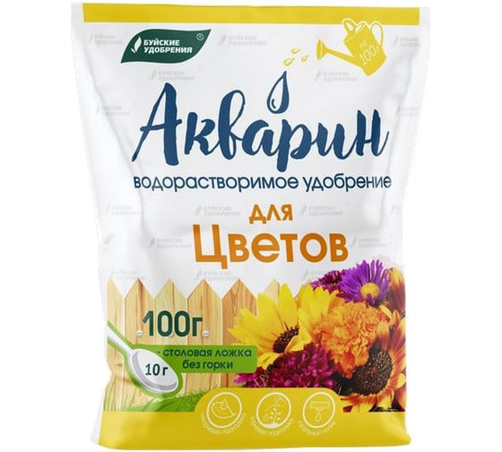 Водорастворимое удобрение Буйские Удобрения Акварин для цветов, 100г 4650100155917 1