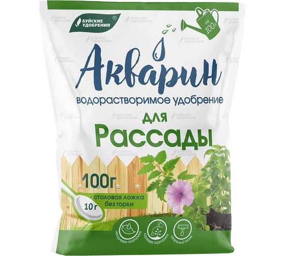 Водорастворимое удобрение Буйские Удобрения Акварин Для рассады, 100г 4650100155610 1