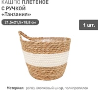 Плетеное кашпо Natural House "Танзания" с ручкой, Д215 Ш215 В188, натуральный, белый Lishan-08 M