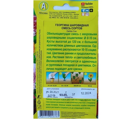 Семена Аэлита Георгина Шаровидная, смесь окрасок, однолетний, 0.2 г 4601729016783