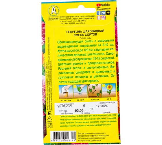 Семена Аэлита Георгина Шаровидная, смесь окрасок, однолетний, 0.2 г 4601729016783
