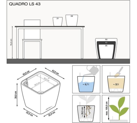 Кашпо Lechuza Quadro LS Complete Белый блестящий 43x43xH39 см 16180